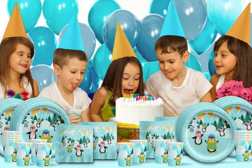 Vista 7 de Juego de suministros para fiesta de cumpleaños de pingüinos, platos, servilletas, vasos, vajilla para 16