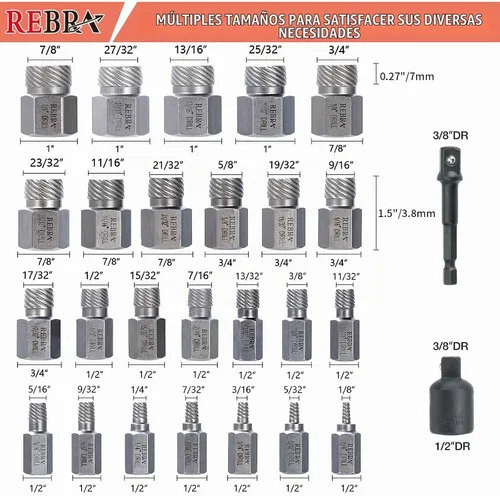 Vista 3 de REBRA Juego de 27 piezas extractores de tornillos, kit removedor de pernos de cabeza doble de impacto de 3/8 pulgadas Easy Out, cabeza hexagonal