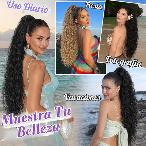 Vista 7 de Extensión de cola de caballo con cordón, extensión de cola de caballo larga y rizada para mujeres negras, extensiones de cabello negro de 26