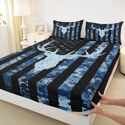 Vista 12 de Homewish Sábana bajera ajustable con diseño de bandera estadounidense de camuflaje para niños, tamaño individual, silueta de cuernos de ciervo