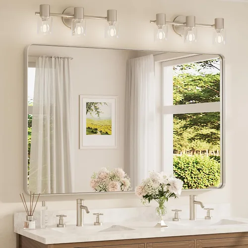 Vista 44 de Espejo de marco dorado cepillado de 16 x 24 pulgadas, espejo de tocador de baño de latón dorado para pared, espejo enmarcado rectangular de esquina