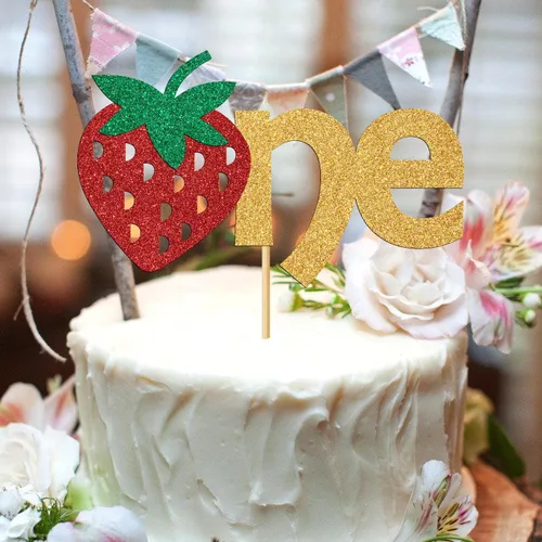 Vista 4 de Decoración de pastel de cumpleaños de fresa para el primer cumpleaños, decoración de pastel de cumpleaños con temática de frutas de un año