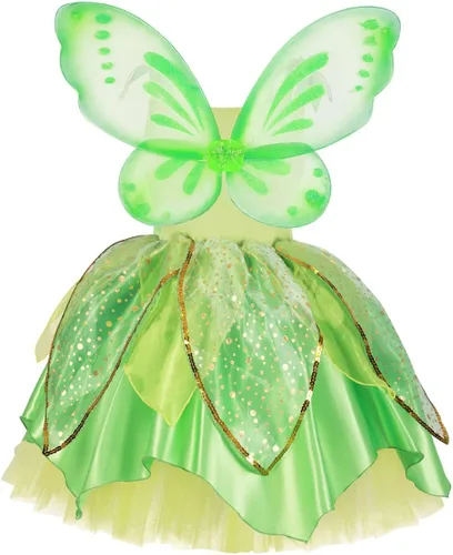 Vista 2 de IMEKIS Disfraz de princesa de hadas para niñas con alas de hadas verdes para niños, Halloween, cosplay, cumpleaños, conjunto