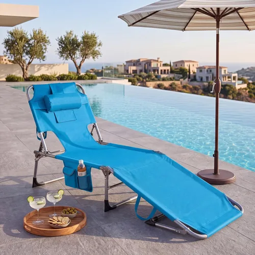 Vista 4 de Tangkula Silla de bronceado con agujero facial, silla plegable ajustable reclinable para playa, tomar el sol con bolsillo lateral, tumbona portátil