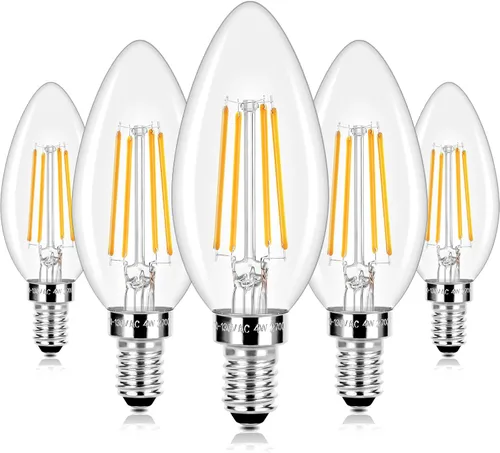 Vista 24 de E12 LED Candelabra Bulbs 40 Watt Equivalent, 4W Vintage Candle Light Bulbs Dimmable, 350Lm Amber Warm White 2200K B10 Edison Bulb, Filament Clear