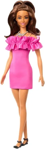 Vista 8 de Muñeca Barbie Fashionistas #215 con pelo liso negro, top estampado de estrellas rosas y falda iridiscente, juguete coleccionable del 65 aniversario