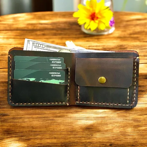 Vista 6 de Cartera de cuero hecha a mano, billetera plegable, billetera plegable de cuero con tarjetero, billetera plegable de cuero para hombre, billetera