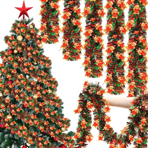Vista 8 de XunYee Guirnalda de Oropel de Copos de Nieve para Árbol de Navidad de 98 pies, Decoraciones de Guirnalda Metálica Trenzada Roja Verde, Adorno