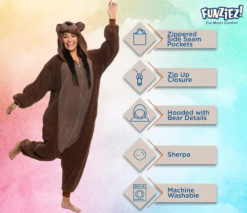 Vista 4 de Sherpa Bear Adult Onesie - Animal Halloween Costume - Plush Teddy One Piece Cosplay Suit for Adults, Women and Men FUNZIEZ!