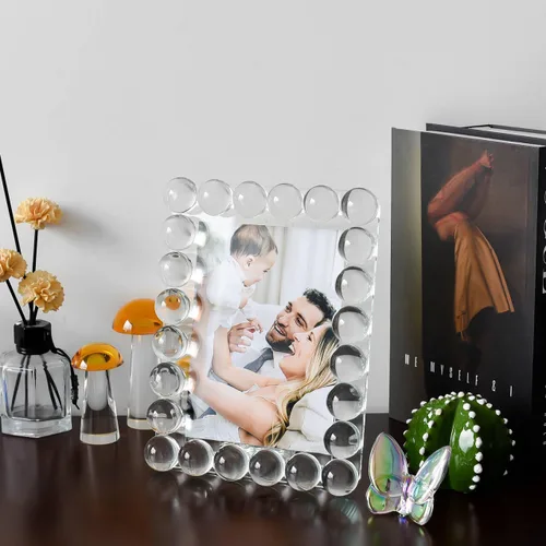 Vista 5 de Marco de fotos de cristal transparente de 5 x 7 pulgadas, marco de fotos con 24 bolas de alta calidad, perfecto para oficina, hogar y decoración