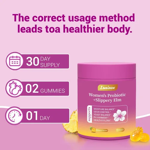Vista 5 de Her Juicy - Gomitas de probióticos femeninos para mujeres, con prebióticos y olmo resbaladizo, promueve el equilibrio del pH, la salud intestinal