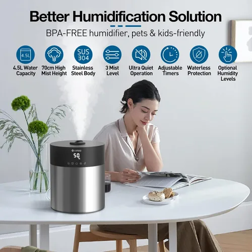 Vista 2 de Stainless Steel Humidifier, 4.5L Easy to Clean Humidifier with 304 Stainless Steel Tank, Cool Mist Humidifiers for Bedroom with Smart Humidistat &