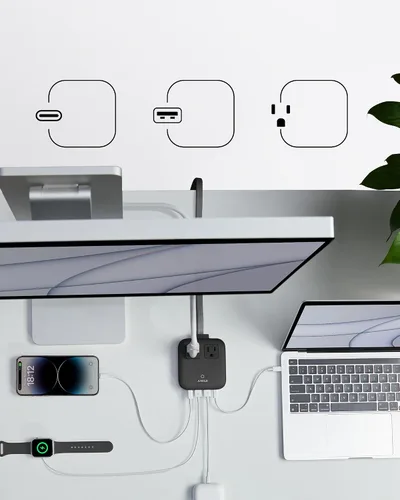 Vista 4 de Anker Estación de carga Nano (67W máx.), regleta de alimentación USB-C 6-en-1 para iPhone 16/15 y MacBook, con enchufe plano y cable de extensión