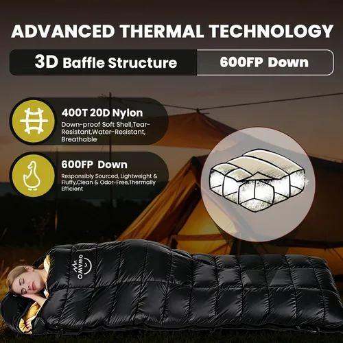 Vista 3 de 0 20 Degrees F Down Sleeping Bag for Adults,4 Season Rectangle Down Sleeping Bag for Camping Hiking Negro/Cremallera Izquierda