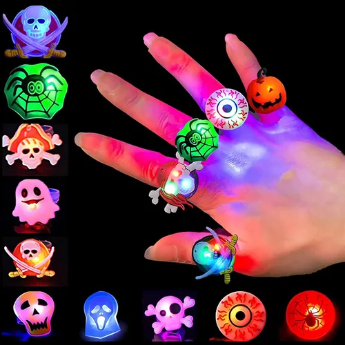 Vista 2 de Anillos iluminados para fiestas de Halloween, 50 unidades, anillos LED brillantes, juguetes divertidos para niños y adultos, Plástico