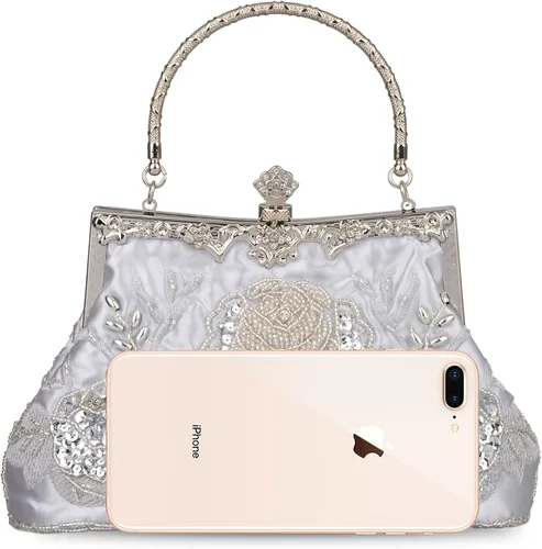 Vista 7 de BAGLAMOR Bolso de noche con lentejuelas de estilo vintage para mujer (plata)
