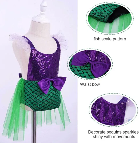 Vista 7 de MSemis Disfraz de princesa de sirena para bebé y niña con lentejuelas halter traje de baño para Halloween