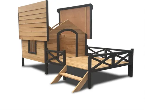 Vista 7 de Casa grande para perros al aire libre con porche: refugio elevado de madera para perros - Cabaña de madera resistente a la intemperie