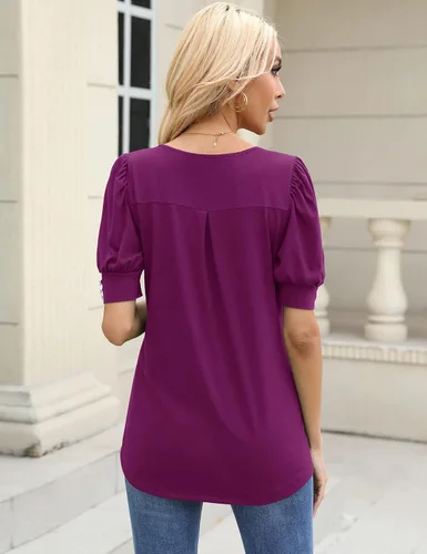 Vista 5 de Micoson Blusas casuales de manga corta abombada, cuello cuadrado, con puños de botón