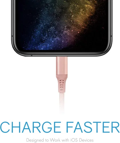 Vista 5 de Realm Lightning trenzado de nailon a USB A - Cargador de iPhone de Apple certificado por Mfi, 10 pies, oro rosa