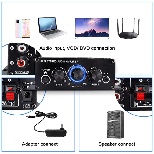 Vista 6 de XMSJSIY Amplificador de audio estéreo de alta fidelidad de 12 V para coche de 2 canales HiFi Bass Subwoofer Amp para coches CD DVD reproductor MP3