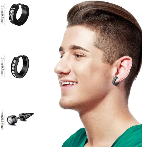 Vista 5 de Juego de 12 pares de aretes de acero inoxidable negros para hombre, aretes de aro punk, aretes negros para mujer, juego de aretes colgantes AMind4U