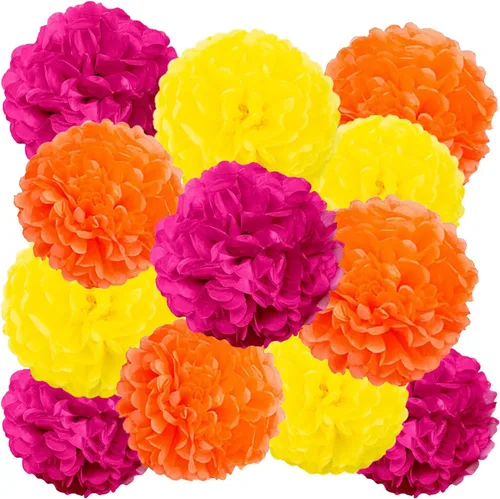 Vista 9 de GAKA Pompones de papel de seda rosa intenso (rojo rosa), rosa y naranja, decoraciones para fiestas, flores de seda colgantes de 10 y 12 pulgadas, 12