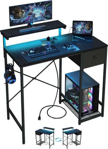 Vista 10 de X-cosrack Escritorio pequeño para juegos de 33.5 pulgadas con luces LED y soporte largo para monitor, escritorio compacto para computadora con tomas