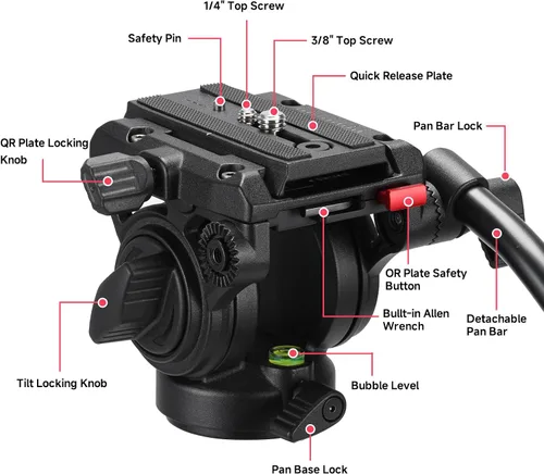 Vista 2 de Avella Cabezal fluido de trípode de video con placa de liberación rápida, ligero y resistente, compatible con Manfrotto, carga máxima de 13.2 lb/6