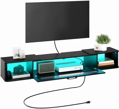 Vista 9 de HOOBRO Soporte de TV flotante con luz LED y toma de corriente para televisores de hasta 65 pulgadas, estante de TV montado en la pared, consola