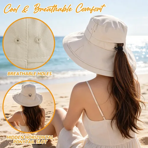 Vista 3 de Sombrero de ala ancha impermeable UPF 50+ para mujer con agujero para cola Beige
