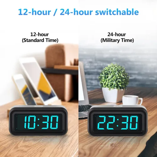 Vista 5 de Reloj despertador digital, funciona con pilas, con pantalla LED para dormitorios, larga duración de batería, brillo ajustable en 3 niveles, 12/24