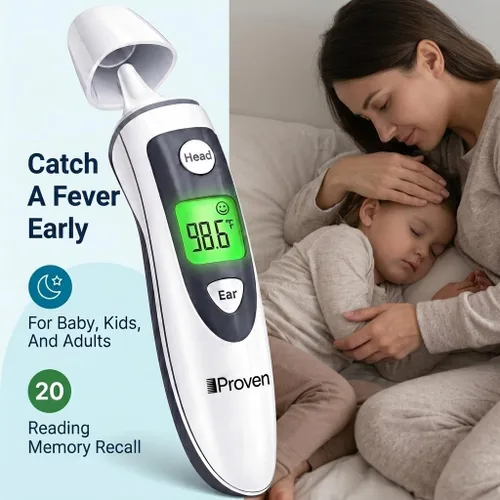 Vista 2 de Termómetro iProvèn para adultos en frente y oído - Alarma de fiebre, lectura en 1 segundo, indicador de temperatura por color, memoria de 20