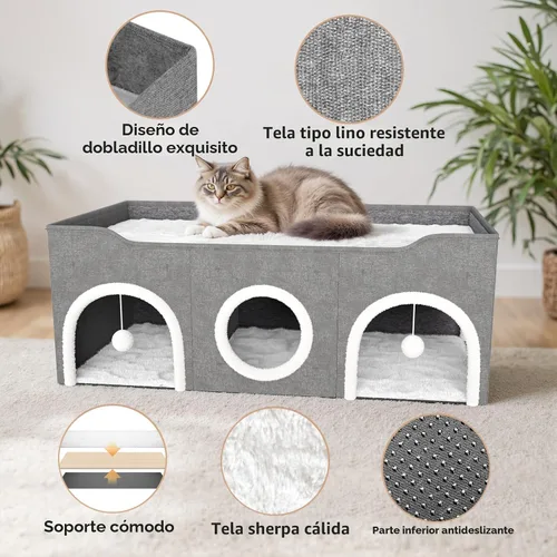 Vista 4 de Casa para gatos todo en uno extra ancha, cama superior con tres habitaciones, condominios para gatos, camas para gatos de interior, familia