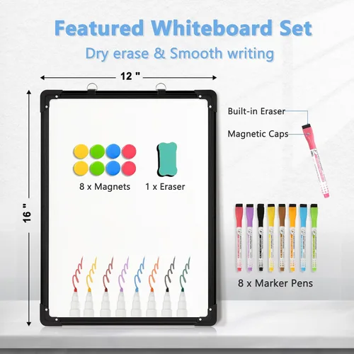 Vista 5 de Pizarra blanca magnética de doble cara, 16 x 12 pulgadas (negro) Dry Erase Board, Whiteboard for Wall Hanging Marker Board White Board Dry Erase
