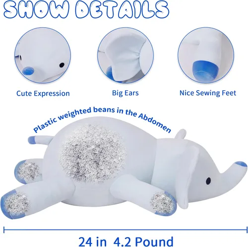 Vista 2 de OurHonor Animales de Peluche con Peso, Peluche de Elefante con Peso de 4.2lbs de 24 Pulgadas de Felpa Suave, Almohada de Elefante de Peluche