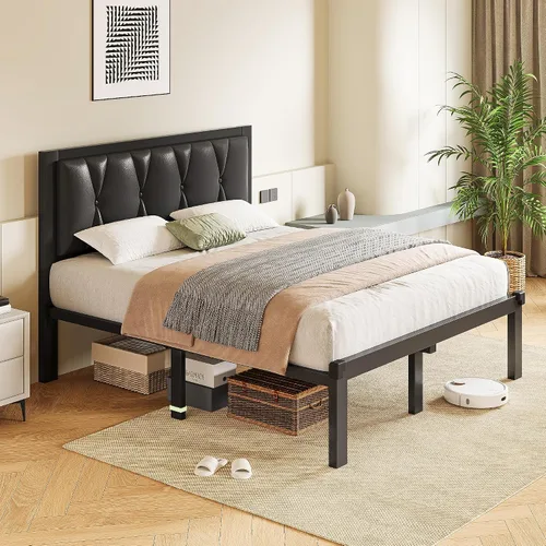 Vista 8 de GalnFu Base de cama de tamaño matrimonial con cabecera capitoné con botones, plataforma tapizada de piel sintética, marco de cama de metal
