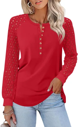 Vista 16 de Minetom Camisetas de manga larga con encaje para mujer, blusas casuales
