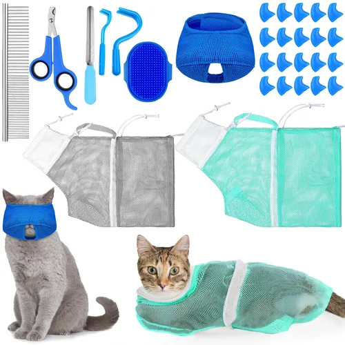 Vista 10 de Bolsa de baño para gatos, 10 piezas, kit de aseo para ducha de gato, verde y rosa