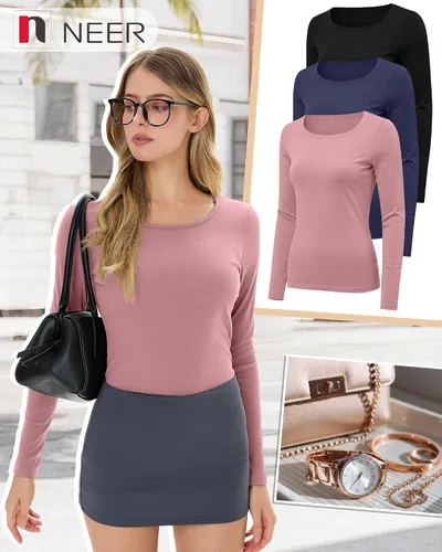 Vista 5 de Neer - Paquete de 3 camisas térmicas para mujer de manga larga, cuello redondo, forro polar, ajustadas, básicas, para invierno, capa base