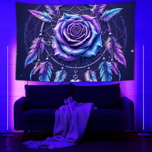 Vista 2 de Besbapes Tapiz mandala hippie bohemio para colgar en la pared, diseño de flores negras, fantasía, rosa, atrapasueños, tapiz para colgar en la pared
