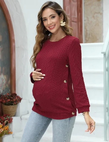 Vista 2 de FUNJULY Suéter de maternidad de punto trenzado para mujer, cuello redondo, manga larga, para embarazo, lactancia, doble división con botones