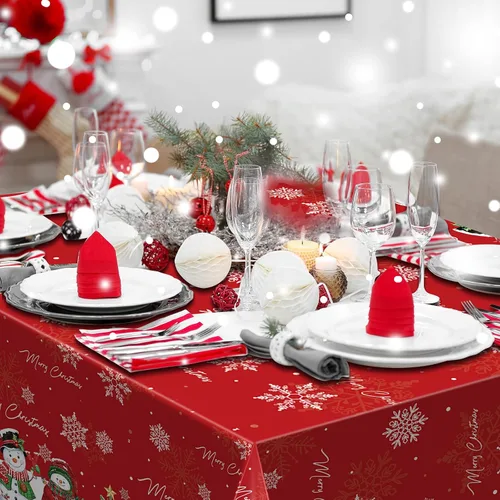 Vista 8 de FunnyPars 3 piezas manteles de muñeco de nieve navideños de plástico, cubierta de mesa de invierno con copos de nieve y árbol de Navidad