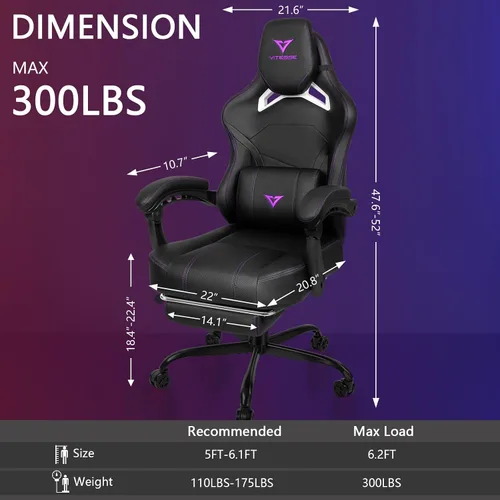 Vista 3 de Waleaf Silla de juegos grande y alta para adultos con reposapiés, capacidad de peso de 400 libras, sillas de videojuegos para oficina, silla