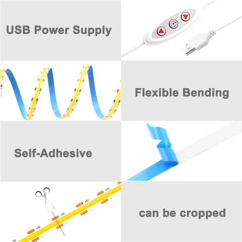 Vista 5 de Tira de luces LED COB USB para TV, 5 V alimentadas por USB, luces LED regulables, luz blanca cálida, 3.3 pies, 320 LED/M, 3000 K, tira de luz