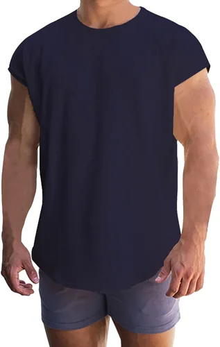 Vista 4 de Camiseta de manga casquillo para hombre, camiseta sin mangas para gimnasio, fisicoculturismo, atlética, corte muscular, ajuste holgado, verano