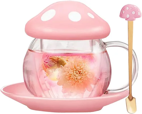 Vista 9 de Juego de Tazas de Té de Hongos, Lindas Tazas de Té de Vidrio y Platillos, Taza de Té Kawaii con Infusor para Colador de Té de Hojas Sueltas, Taza