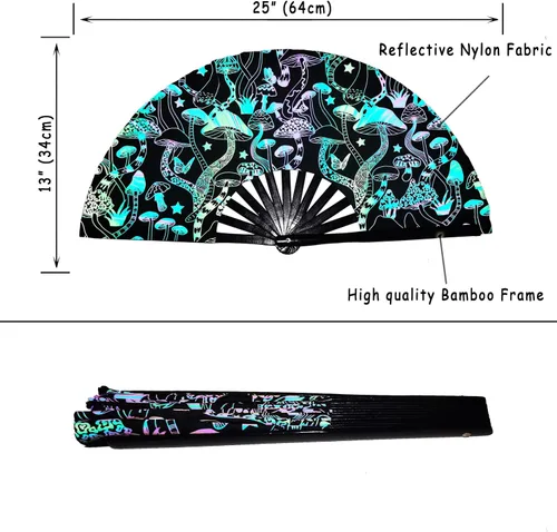 Vista 3 de Ventilador grande para rave para mujeres/hombres, ventilador de mano reflectante con ventilador de mano de bambú y tela de nailon, para actuación