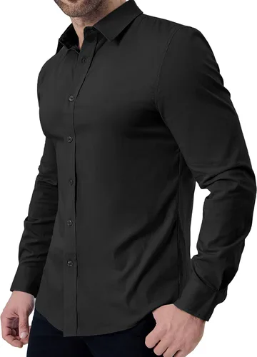 Vista 7 de ZAFUL Camisas de vestir para hombre, ajustadas, con botones, de manga larga, con cuello elástico, de algodón, sin arrugas, con botones