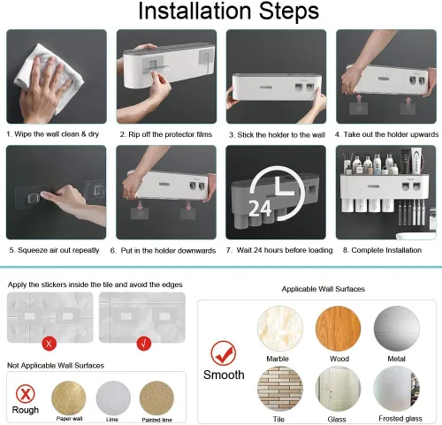 Vista 3 de Soportes para cepillos de dientes montados en la pared, soporte para cepillos de dientes con dispensadores automáticos de pasta de dientes, 6